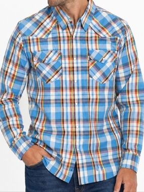 Levi's Cotton Blend Blue Muti Plaid Western Pearl Snap Button Down Shirt